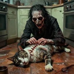 cinematic colorful horror artwork by artgerm, beksinski, bernie wrightson, mark brooks ; real life full portrait of dead cat animal with head twisted to touch the spine, lying on kitchen floor ; haunting, brutal scary terrifying, 8 k hdr, creepy intricate ; dramatic lighting, insanely detailed