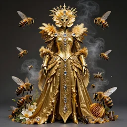 full size golden armor, cultist robe, flower mask, ornate, made of sniny latex, feathers, crystals, and smoke by giger and irene van herpen + cyberpunk + steampunk + bees + flowers, insects, honeycombs + sharpened + extremely detailed + harsh gallery lighting + cinematic