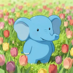 a little blue elephant on a field of tulips, anime art, high resolution 4 k, by makoto shinkai