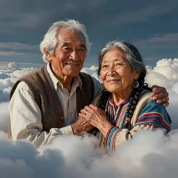 portrait of an indigenous grandfather and grandmother in the clouds, smiling, protection, benevolence, ancestors, art by christophe vacher