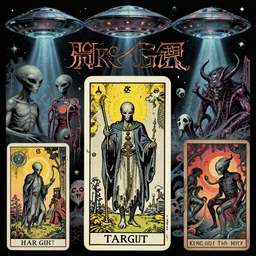 digital collage of tarot, occult, comic book art style, grey aliens, typography, ufos, vintage, apocalyptic, hr giger, ghosts, demons, supernatural, sci - fi, technology, gnosticism, japanese art, surrealism, psychedelic