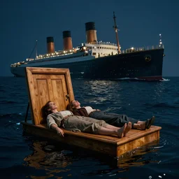 a large wooden door floats on the surface of the dark waters of the atlantic ocean, a man and woman are both laying down horizontal on top of it, in the backdrop the titanic sinks, protruding up into the air, night, hyperrealistic