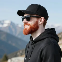 red bearded engineer with sunglasses and black baseball cap and hoody, no hands, mountain, smiley profile, white skin, centred, high detailed