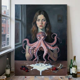 a portrait in a dark apartment, city through a window, a female art student holding an octopus, milk puddles, berries, broken bottles, metaphysical, neo - expressionism, surrealism, acrylic and spray paint and oilstick on canvas