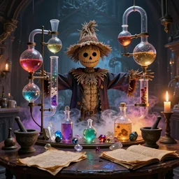 fantasy Alchemist laboratory, scarecrows head on a table surrounded by interconnected glass pipes, spheres, bottles, and tubes filled with bubbling fluids and potions, harry potter, mystical, magical witchcraft, crystals, gemstones, runestones, mortar and pestle, old manuscripts and scrolls, brightly coloured smoke, eerie luminosity, dark and dusty, candle light, ray-traced, volumetric light, octane render, 4k, ultraHD