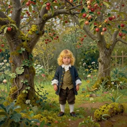 wide - shot, 1 2 years old very cute boy with shoulders - length! wavy! blond yellowish hair, wearing clothes of 1 8 th century, in the wild garden with apple trees, moss and vines, highly detailed, digital art, oil painting, masterpiece, by greg rutkowski, by mucha, by kinkade