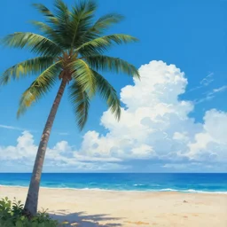 painting by goro fujita!! bright blue illustration of a beach horizon with clouds and one palm tree in the style of goro fujita, sharp focus, highly detailed, artstation