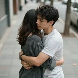 man and woman hugging on a sidewalk, realistic lighting, highly detailed