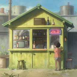 movie scene of a wooden decorated liquor store, a very misty day, industrial surrounding, painted pale yellow and green, old tv and radio hardware, a neon sign, by ian mcque ferdinand knab, makoto shinkai and lois van baarle, artgerm, pixar, ilya kuvshinov,, tom bagshaw, global illumination