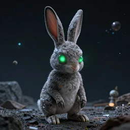 alien rabbit in the space by HR giger, octane render, ambient light, green glowing eyes