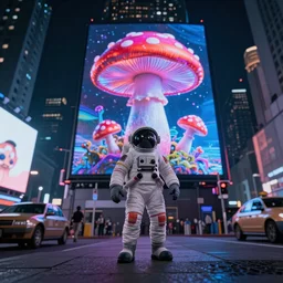 A hyperrealistic low angle shot of a tiny astronaut , with a psychedelic mushroom on the screen, in a post apocalyptic Times square New York City, at night, unreal 5, DAZ, hyperrealistic, octane render, dynamic lighting