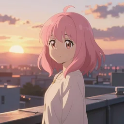 anime art, anime key visual of a cute elegant anime girl with pink hair and big eyes on the city rooftop at sunset with clouds, golden hour sunset, background blur bokeh, beautiful lighting, high quality illustration, studio ghibli