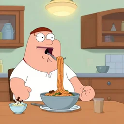 Peter Griffin throwing pasta at Brian Griffin