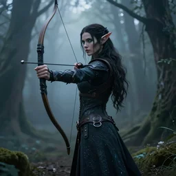 beautiful dark elf woman in dark forest, archer, spirit, fog, epic, realistic, mood, cinematic, 3 d