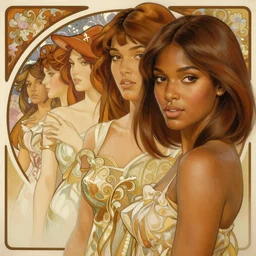 handsome black women with shoulder length brown hair, half body shot, path traced, highly detailed, high quality, digital painting, alena aenami, lilia alvarado, shinji aramaki, karol bak, alphonse mucha, tom bagshaw