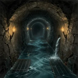 deep water flows through waist - deep flooded sewer tunnels. fantasy art, underground, stream, crumbling masonry, darkness, sewage falling from grates, abandoned spaces, torchlight. sketch, darkest dungeon.