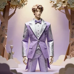 sculpture of a handsome young male super model resembling jason baldoni made out of origami cardboard and ceramic wearing a lavendar tissue paper and silver geometric tuxedo by marc jacobs, paper graffiti, trees made out of origami, ethereal, fantasy, lawrence alma tadema, james jean, oozium, peter morbacher, angelarium, alchemy, luxury, heavenly light, soft illumination, cinematic lighting, very detailed, 3 d octane render, artgerm, trending on artstation, cgi society