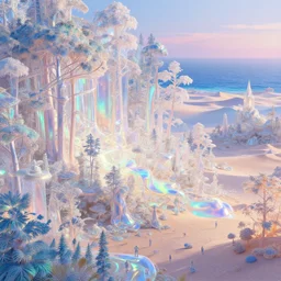 highly detailed holographic iridescent glowing ethereal prismatic sci fi world with forests, deserts, oceans, at dusk, by gilbert williams, by simon stalenhag, by beeple, by bruce pennington, by moebius, octane render, with many different pastel shades of blue pink orange yellow green, beautiful volumetric lighting
