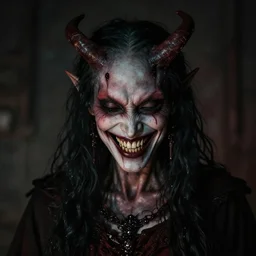 highly realistic demon smiling perversely, low light photo, macabre