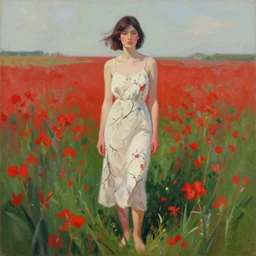 a painting of a woman in a branch dress standing in a field of red flowers by craig mullins, trending on artstation, color field, concept art, artstation hd, matte drawing