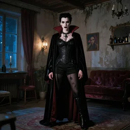 cobie smulders posing as a vampire in gothic clothing in a rustic apartment during night, neon light