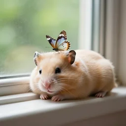 A 4k photo of a cute blonde hamster sleeping on a window with a tiny butterfly on his head in a summer day