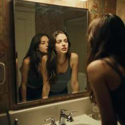 one pretty girl in bathroom mirror, close, cinematic moody colors, realistic shaded lighting, cinematic wallpaper by stanley artgerm lau