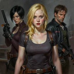 ultra realistic medium shot portrait painting of elle fanning in the painted world of resident evil and bruce pennington, art by frank frazetta, 4 k, ultra realistic, highly detailed, epic lighting