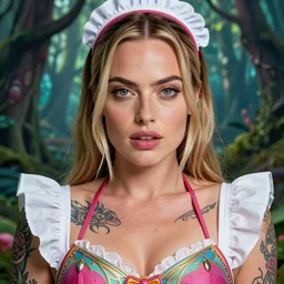 Margot robbie as a beautiful tattooed female maid wearing a magical bikini in a magical forest, highly detailed face, realistic face, beautiful detailed eyes with a piercing gaze, fantasy art, in the style of artgerm, illustration, epic, fantasy, intricate, hyper detailed, artstation, concept art, smooth, sharp focus, ray tracing, vibrant, hyper maximalist, hyper realistic