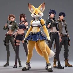 wide angle beautiful full body portrait of a strong female anthropomorphic anthro fennec fursona wearing a cyberpunk skirt. character design by disney, anime, manga, charlie bowater, ross tran, artgerm, and makoto shinkai, detailed, soft lighting, rendered in octane