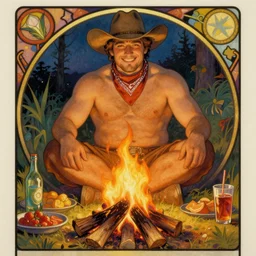 a beautiful ethereal painting of a handsome! chubby shirtless man wearing a cowboy hat and a bandana around his neck sits behind a campfire at night. in front of the campfire is an assortment of food and beverages. the man is smirking mischievously. tarot card, art deco, art nouveau. in the style of Alphonse Mucha. trending on artstation.