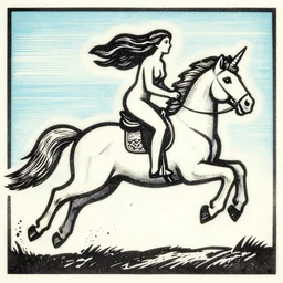 woman riding a flying unicorn, woodblock print