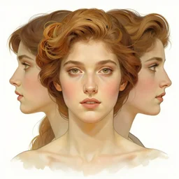 realistic detailed symmetrical frontal head and shoulders profile portrait of Mia Kirschner by Alphonse Mucha, Ayami Kojima, Amano, Charlie Bowater, Karol Bak, Greg Hildebrandt, Jean Delville, and Mark Brooks, Art Nouveau, Neo-Gothic, gothic, Mia Kischner, rich deep moody colors