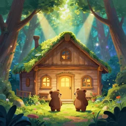 a lodge in the middle of a magical forest with two cute humanoid bear cubs standing in front of it, light rays are shining through the leaves of the trees above, magical environment, beautiful light. trending on artstation 4 k award winning artwork of an unknown artist. vivid colors. detailed painting. kids book illustration.