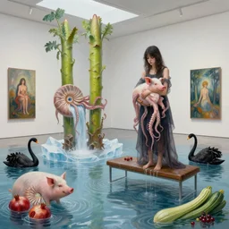 dripping, painting of a flooded modern art gallery and a tall emo girl, wasabi plants, art gallery interior, pig, waterfall, bench seat, nautilus, sensual, organic, icebergs, pomegranates, holding a pig, octopus, zen, black swans, courgettes, berries, surrealist, by magritte and monet