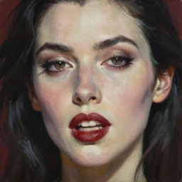 close up face of a beautiful female VAMPIRE with fangs slightly showing, portrait, oil on canvas, artgerm, norman rockwell, craig mulins, trending on pxiv,
