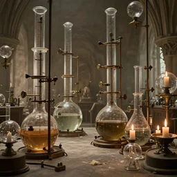 a complex alchemists interior, 4 k, large beakers full of liquid, knobs, glass orbs, candle lighting, octane render, natural color scheme, architectural photography, f 3 2, still from movie by denis villeneuve,