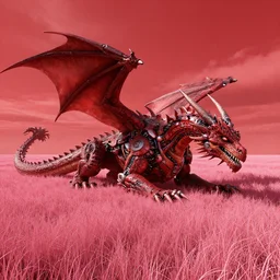 A giant dragon that has been corrupted by cyborg technology, laying in the middle of a field of pink grass, the sky is warm red, cloudy and high-contrast, very detailed concept art, matte painting, digital art, concept art, realistic beautiful, trending on Artstation, Greg Rutkowski