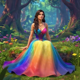 highly detailed portrait of women wearing rainbow gown sitting in middle of colorful forest in gta v, stephen bliss, unreal engine, fantasy art by greg rutkowski, loish, rhads, ferdinand knab, makoto shinkai and lois van baarle, ilya kuvshinov, rossdraws, tom bagshaw, global illumination, radiant light, detailed and intricate environment, detailed face, face detail, sharp focus