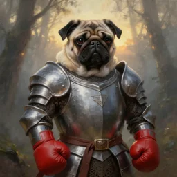artstation oil painting portrait by frazetta , backlight oversized mutant pug with boxing gloves is wearing medieval armor , moody forest foggy background and sunset backlight
