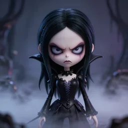 photorealistic full shot portrait of kawaii angry darkness vampire anime girl, worrying eyes, inspired by Tim Burton, detailed, unreal engine 4k volumetric light, fog,