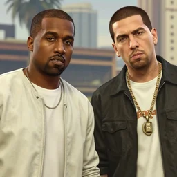 kanye west and eminem in gta 5 real life, hyper realistic, realistic, 4 k, 8 k uhd, intricate details, detailed, great detail