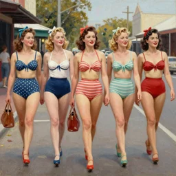 1940s group of pinup bikini girls walking down the street in 1940s Adelaide in Australia, oil painting, by Gil Elvgren