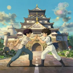 fight scene on road near castles, center camera composition, 2 5 mm, bokeh, by studio ghibli, makoto shinkai, by artgerm, by wlop, by greg rutkowski, volumetric lighting, movie action scene, 8 k, lumen reflections, sharpened, insanely detailed and intricate, elegant, ornate
