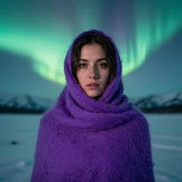 closeup portrait of a woman wrapped in purple fiber, standing in alaska, aurora borealis in background, color photograph, by vincent desiderio, canon eos c 3 0 0, ƒ 1. 8, 3 5 mm, 8 k, medium - format print