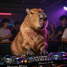 Capybara DJing at a club, HD photograph, award-winning