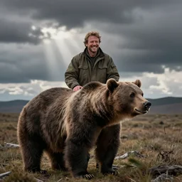 Photo, A Hunter with a big smile because he killed a big bear.
