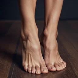 photo, a very muscular woman, foot, face, floor,