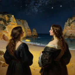 beautiful oil matte portrait painting, people watching the stars at night on a portuguese cliff beach, wonderful masterpiece highly detailed, beautiful cinematic light deep focus, elegant, digital painting, smooth, sharp focus, golden ratio, dramatic illumination, ultra realistic, 8 k, art by artemisia lomi gentileschi and caravaggio