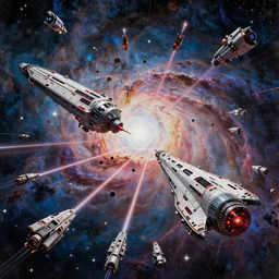 a starship and spaceship battle with hundreds of ships across the oil painted nebula surrounding the close encounters of the third kind mothership, lasers in mid flight, by chris foss, syd mead, ralph mcquarie, art station, high detail, award winning, psychedelic and glittering, cinematic composistion